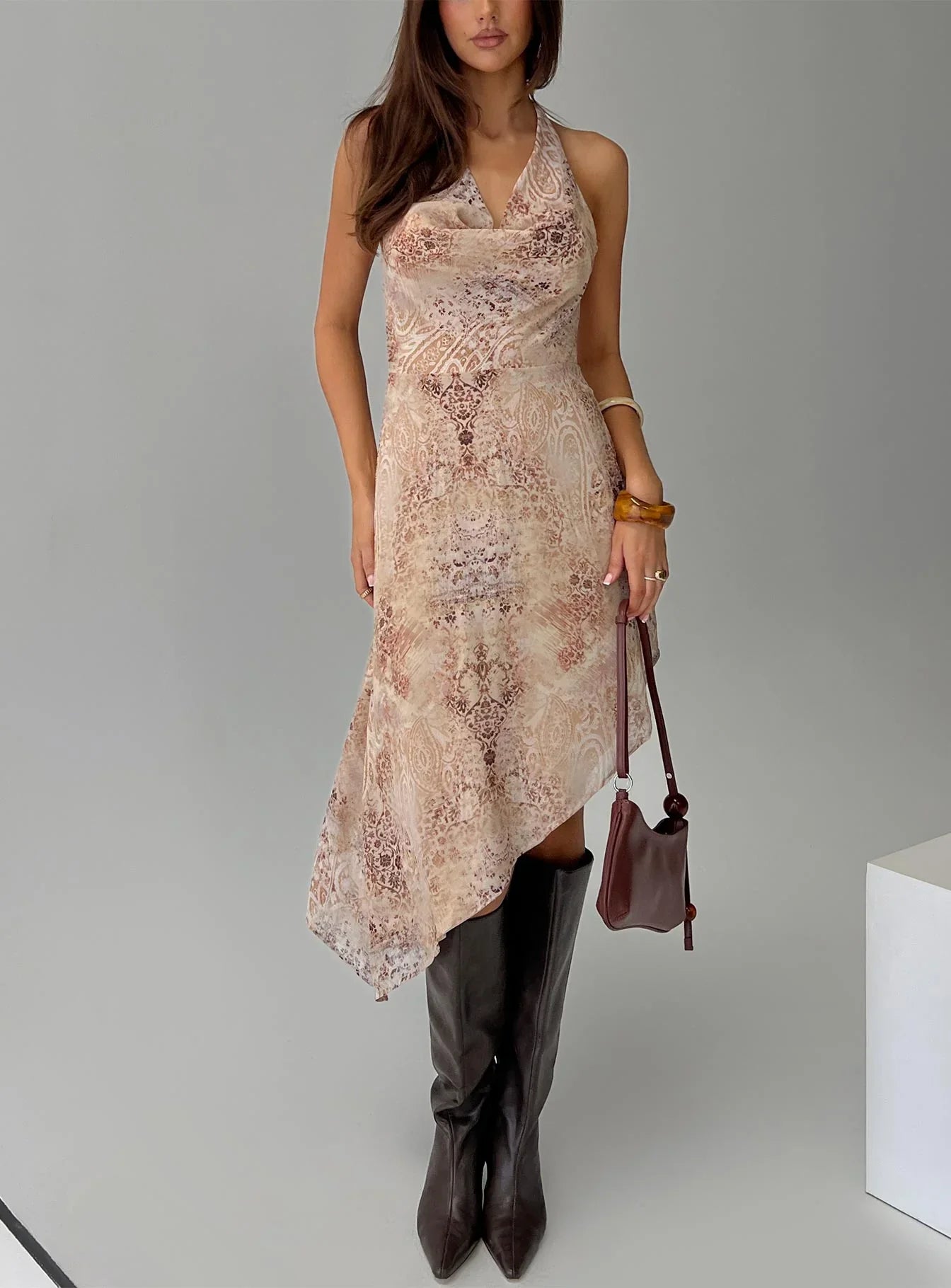 Zolena Halter Asymmetrical Midi Dress Multi