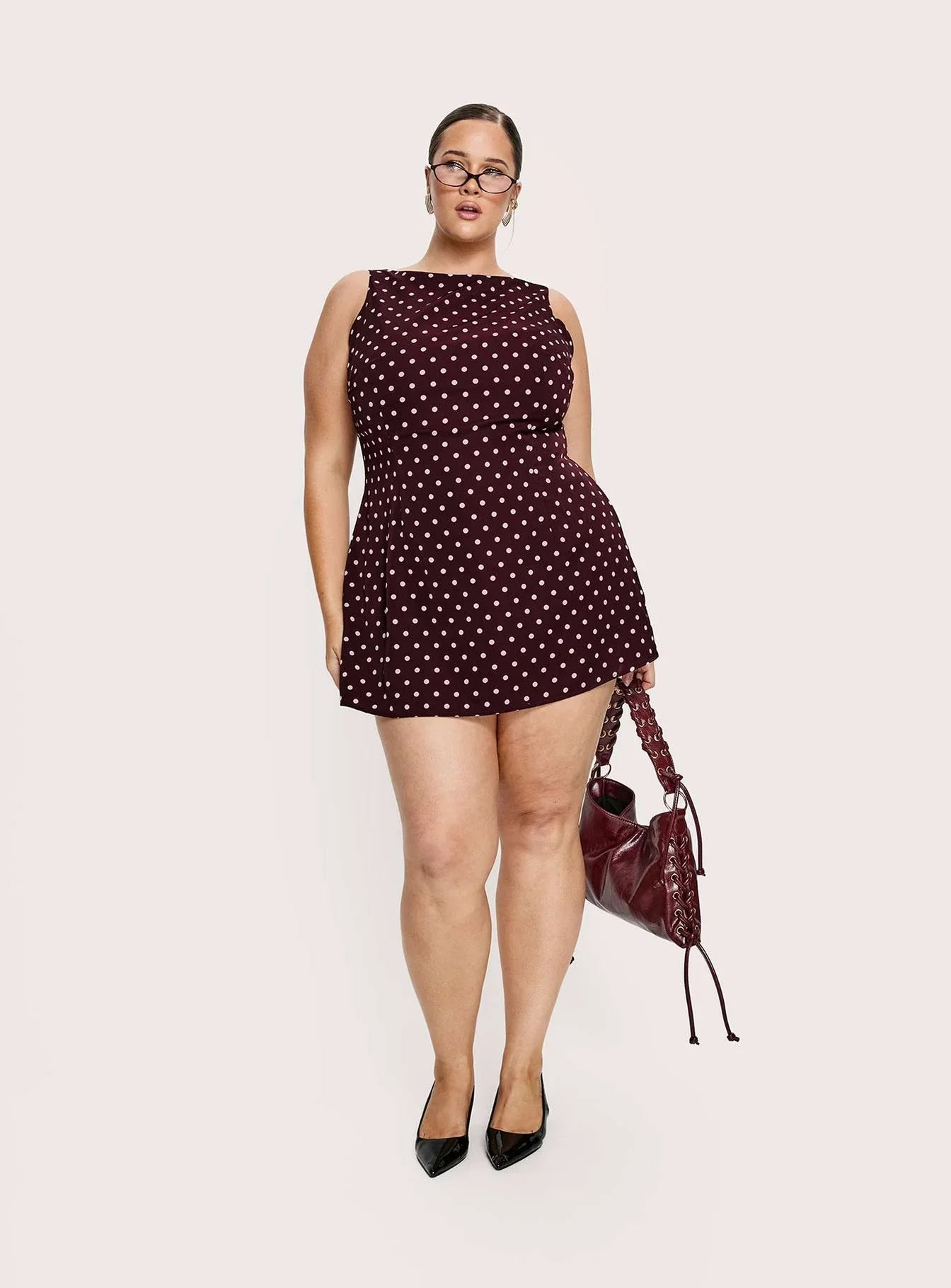 Kherin Boat Neck Romper Wine Polka Curve
