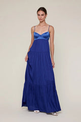 Blaire Blue Satin Tiered Maxi Dress