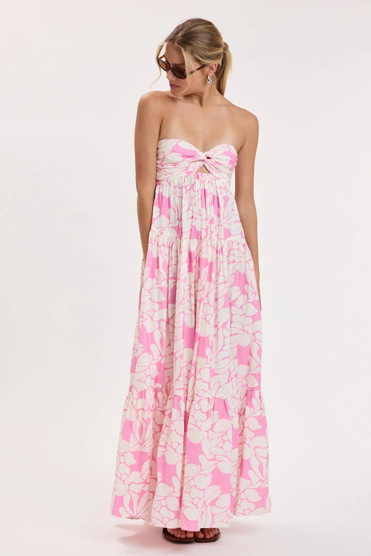 Brisa Pink Tropical Floral Strapless Maxi Dress