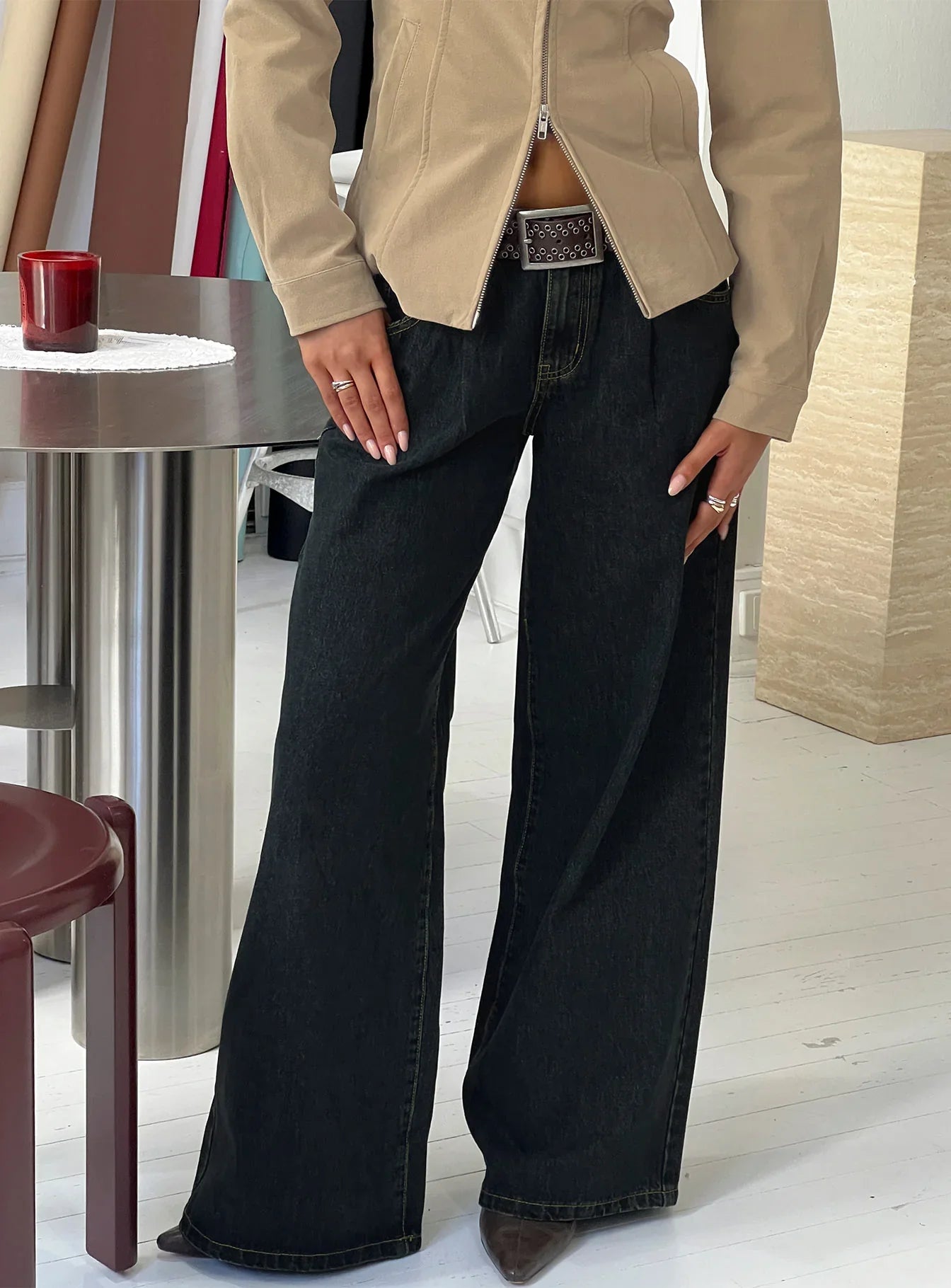Supercut Low Rise Baggy Pleat Jeans Grunge Wash