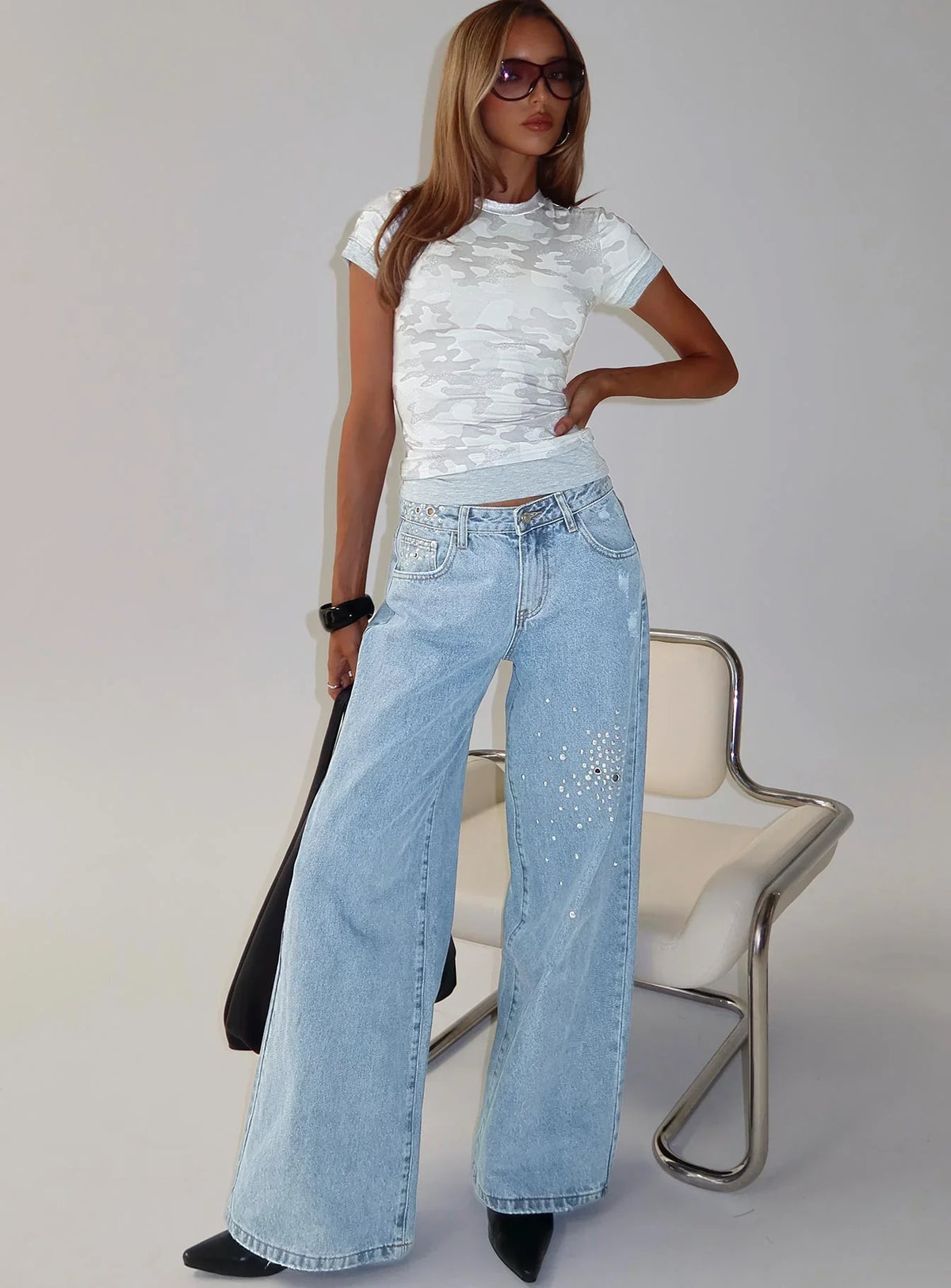 Candi Mid Rise Wide Leg Studded Jeans Light Blue Wash