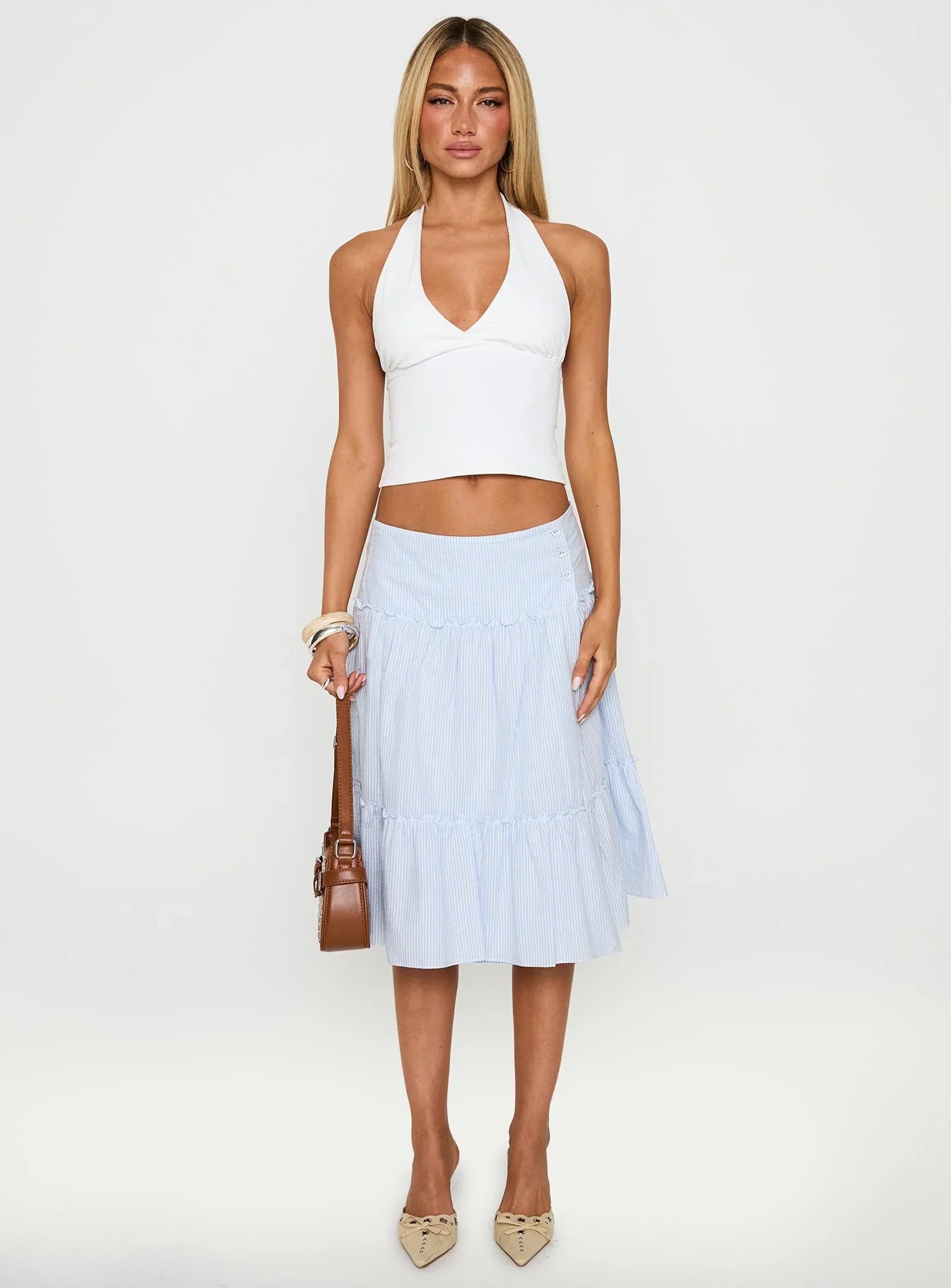 Cascades Low Rise Midi Skirt Blue White Stripe