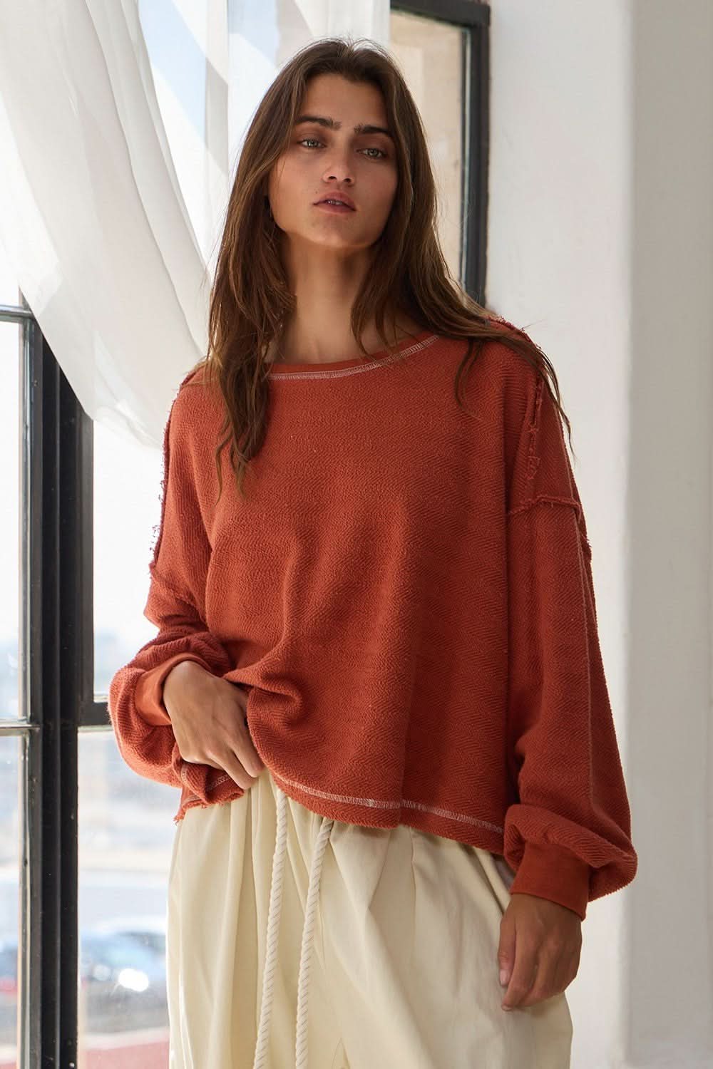 Libby Rust Open Back Long Sleeve Top