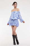 Pixie Blue Floral Off The Shoulder Romper Dress