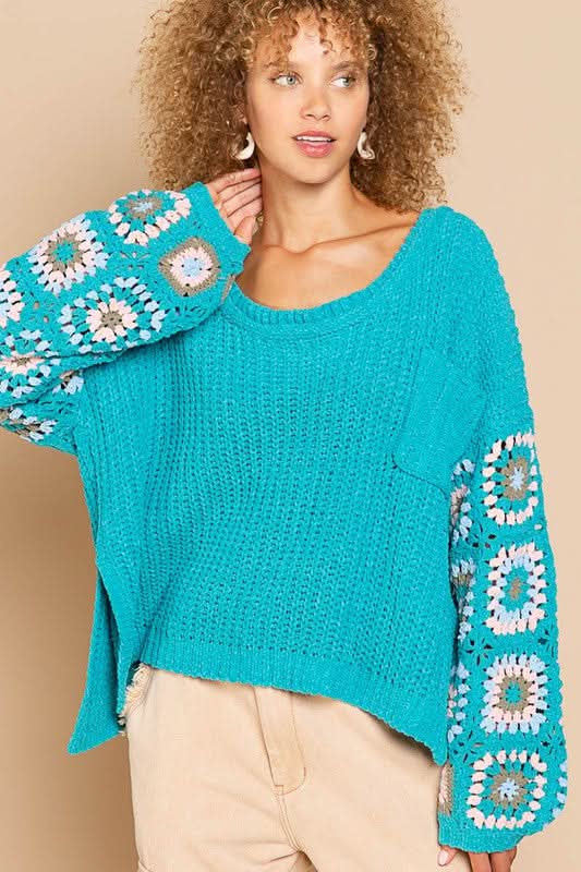 Jayde Teal Crochet Sleeve Sweater