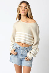 Scarlett Beige and White Striped Cropped Sweater