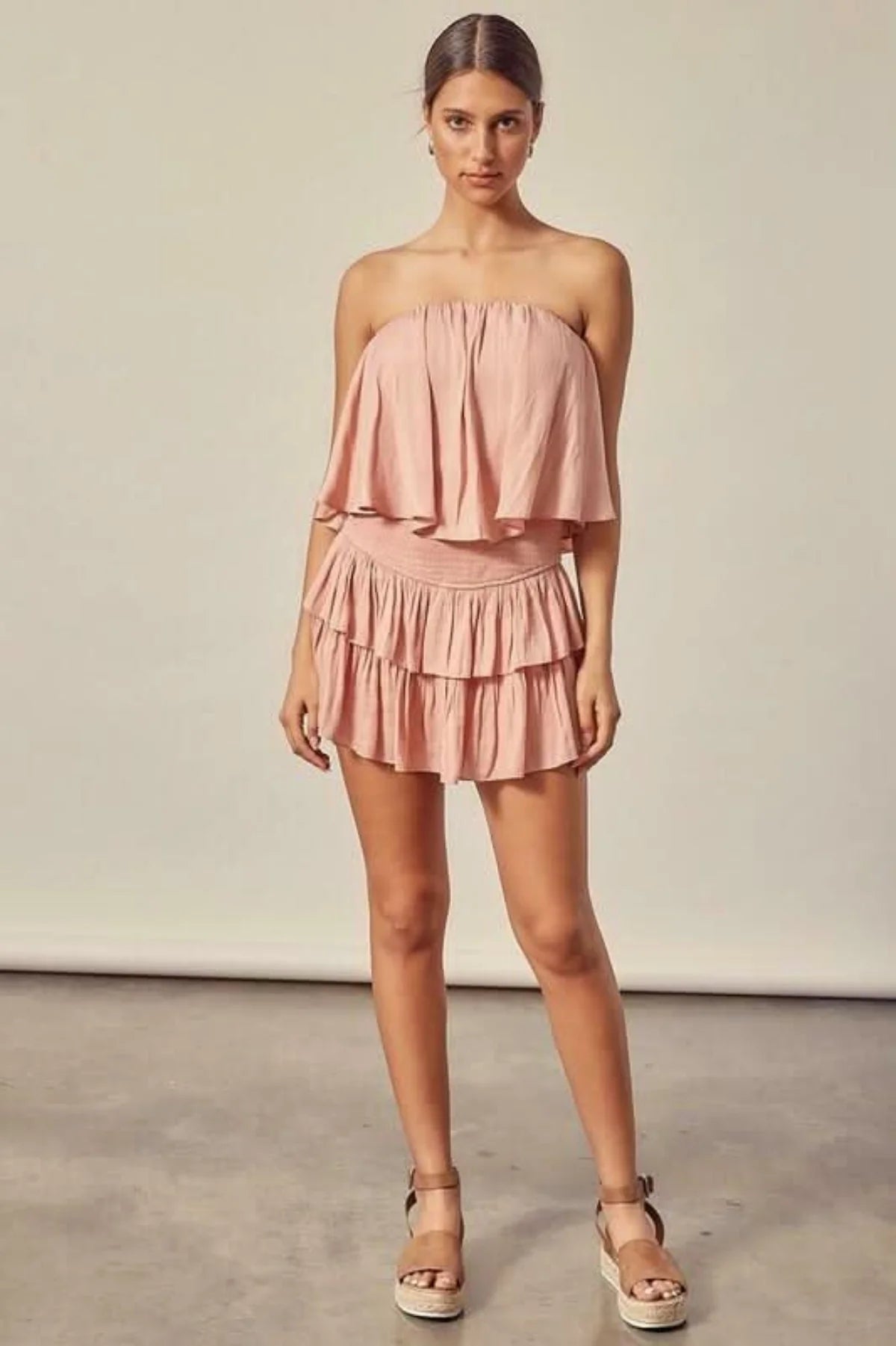 Monaco Powder Rose Strapless Ruffle Romper