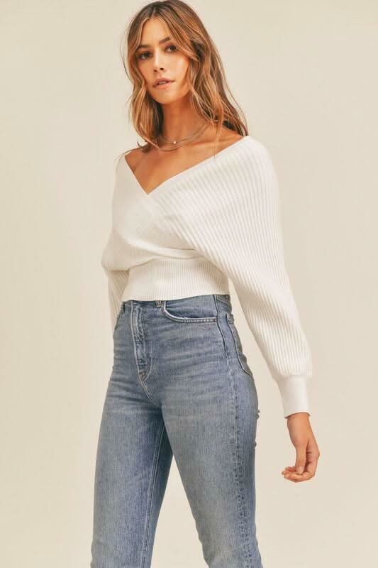 Natasha White Ribbed Surplice Cropped Sweater