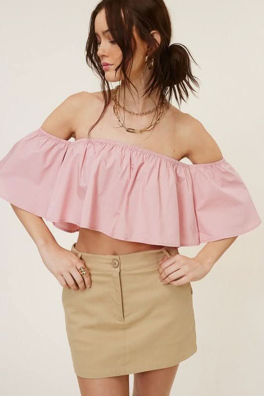 Darcie Blush Flowy Off Shoulder Crop Top