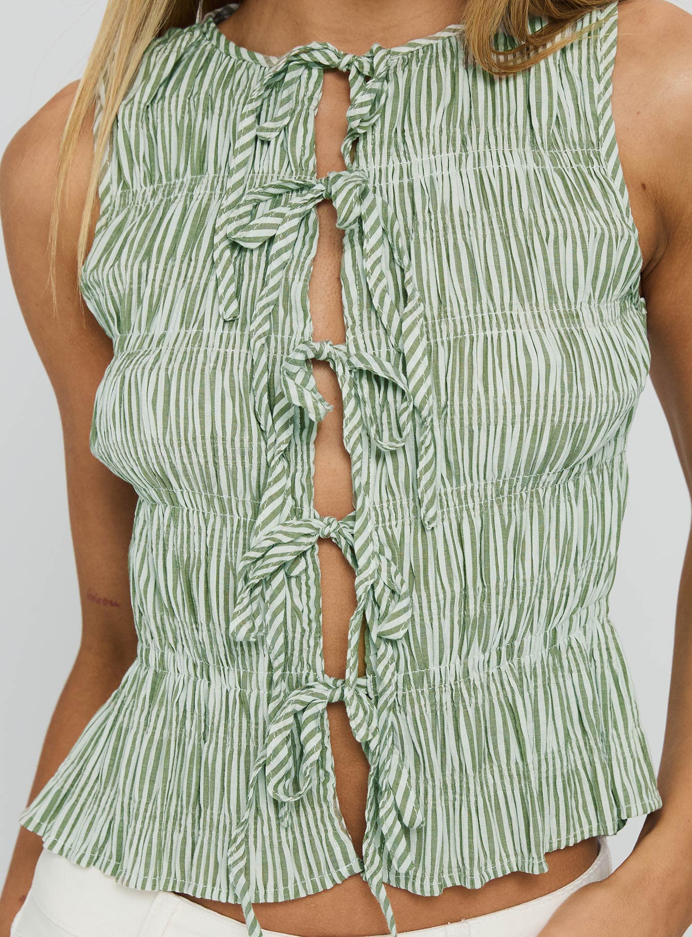 Apero Shirred Tie Front Top Green White Stripe