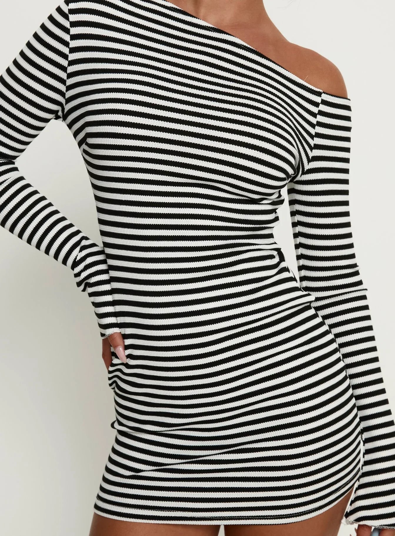 Journi Off Shoulder Long Sleeve Mini Dress Black White Stripe