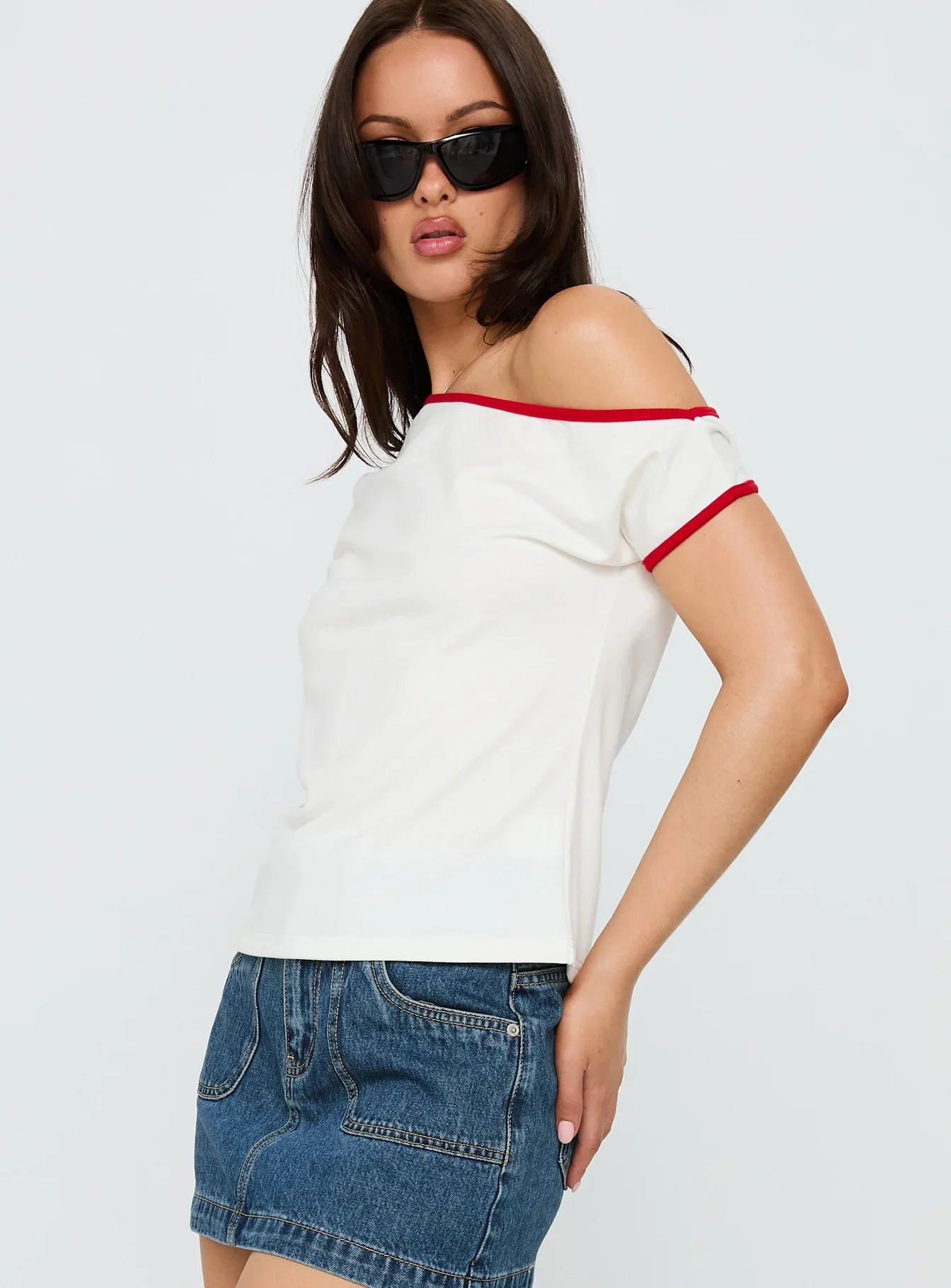 Kelsa Off Shoulder Contrast Trim Top White Red