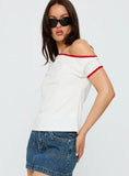 Kelsa Off Shoulder Contrast Trim Top White Red