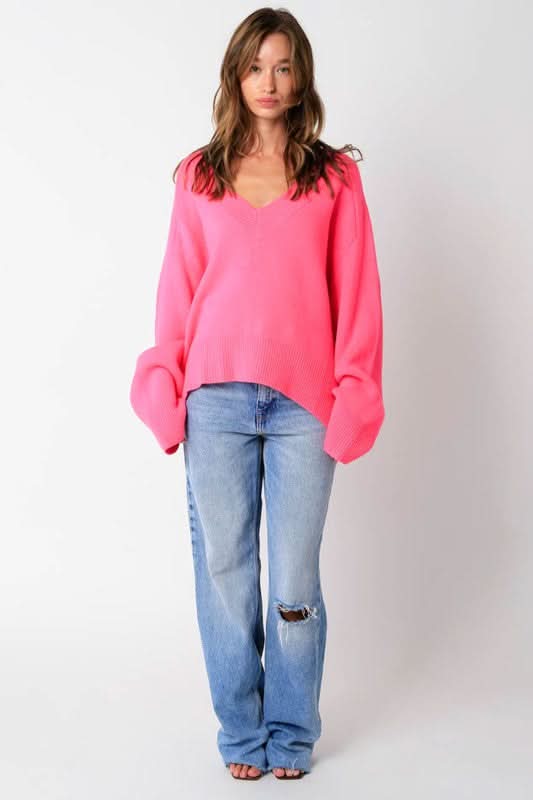 Leila Pink V Neck Oversized Sweater