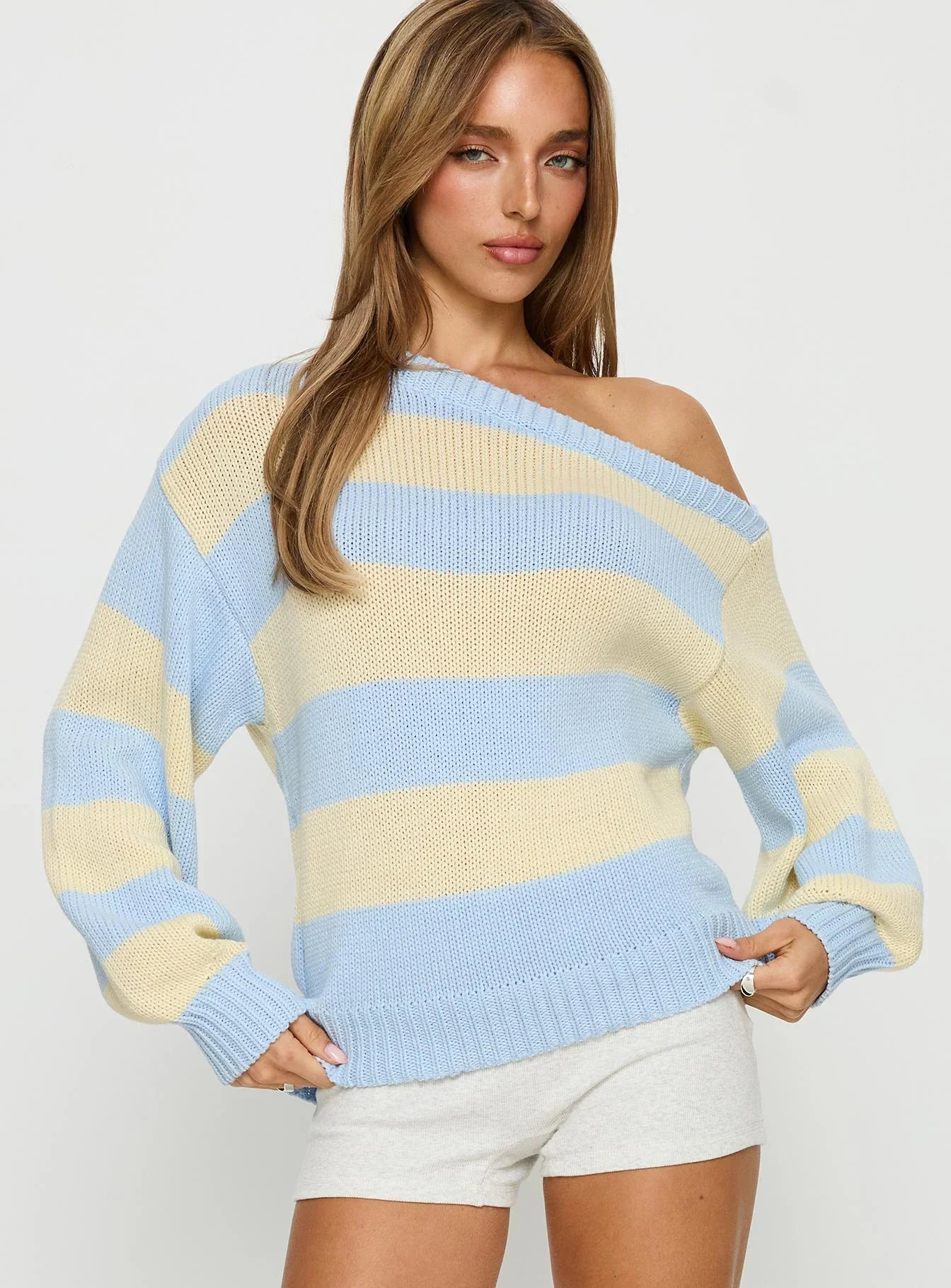 Alvena Off Shoulder Knit Sweater Blue stripe