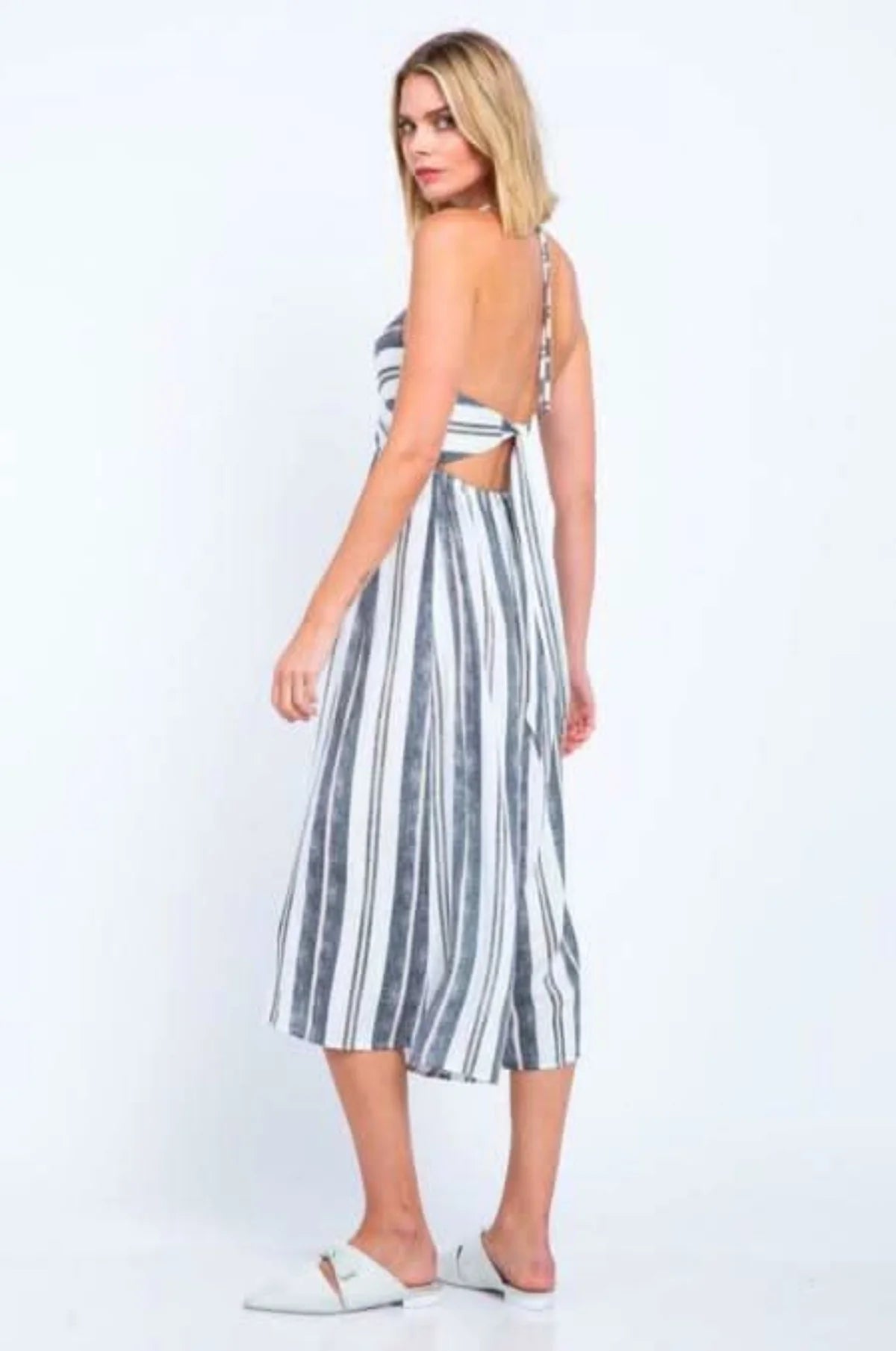 Mia White and Black Striped Print Cutout Culotte Jumpsuit