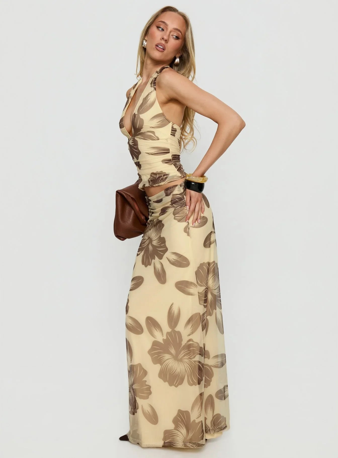 Roselin Mesh Maxi Skirt Brown Floral