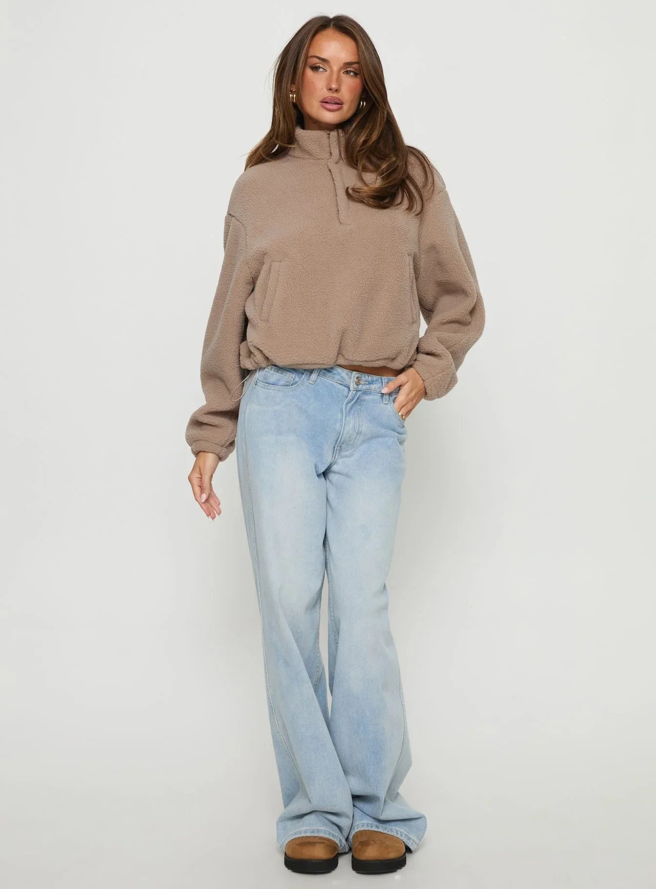 Icy Days Fleece Quarter Zip Jumper Light Brown