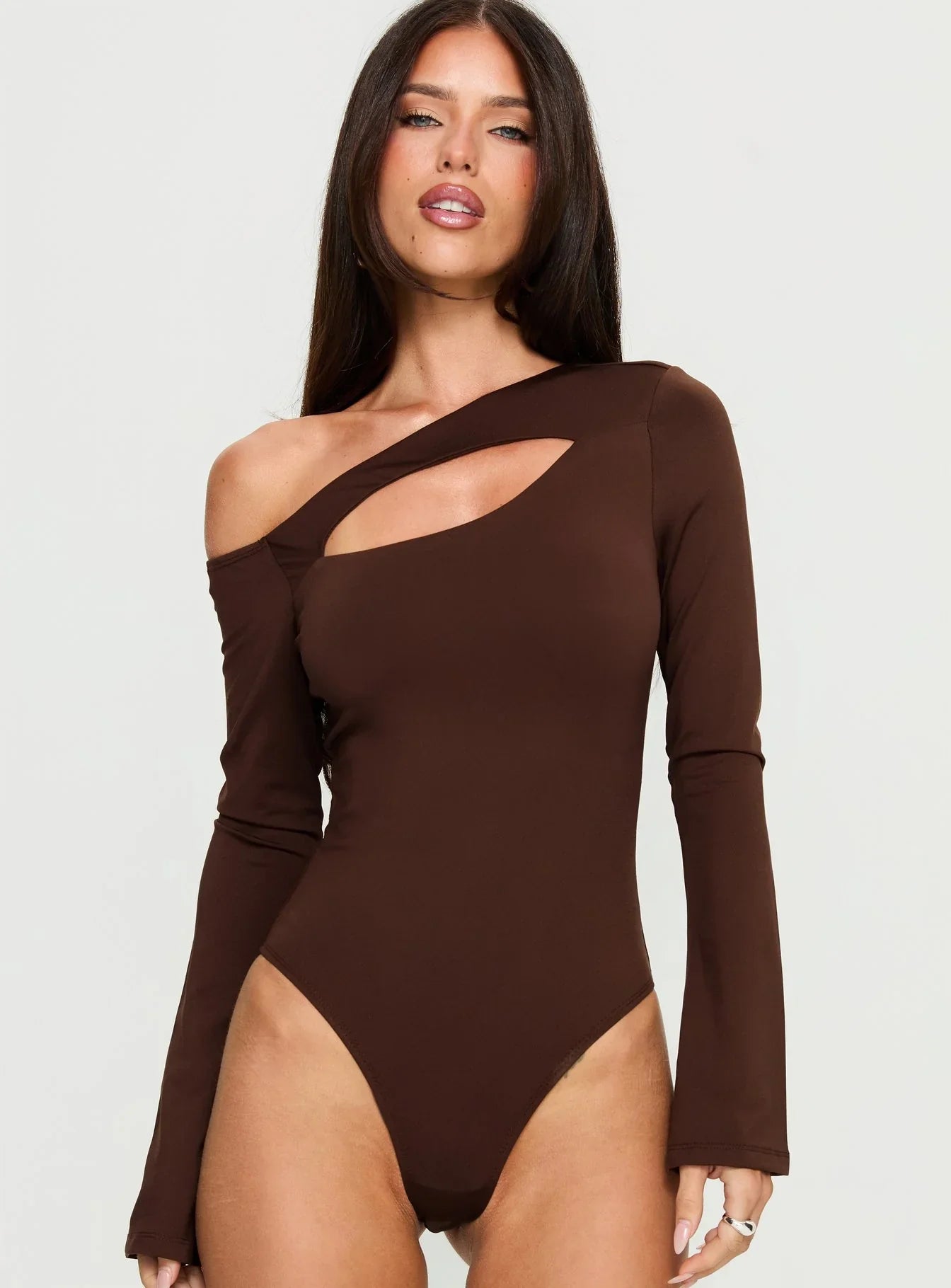 Raissa Cut Out One Shoulder Bodysuit Brown