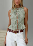 Apero Shirred Tie Front Top Green White Stripe