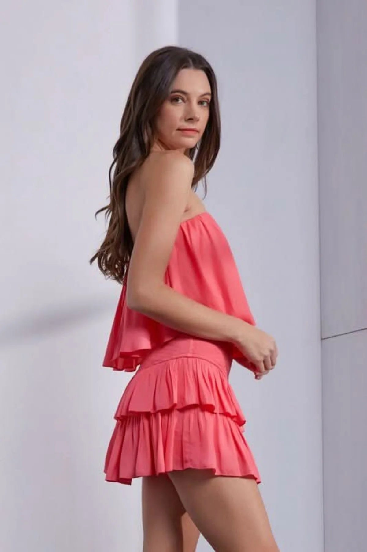 Monaco Coral Strapless Ruffle Romper