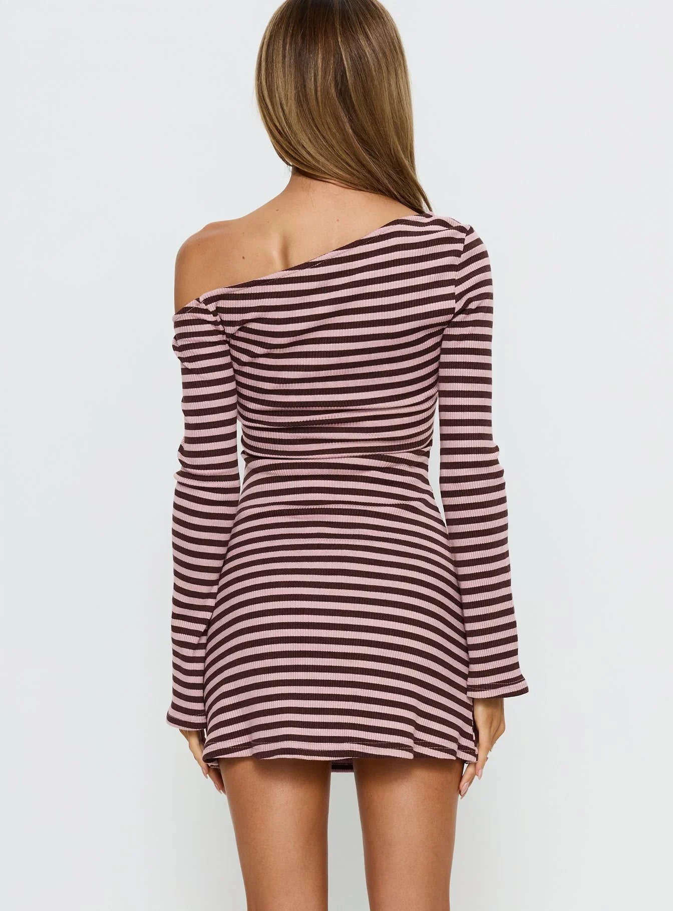 Adrietta Long Sleeve Off Shoulder Mini Dress Chocolate Pink Stripe
