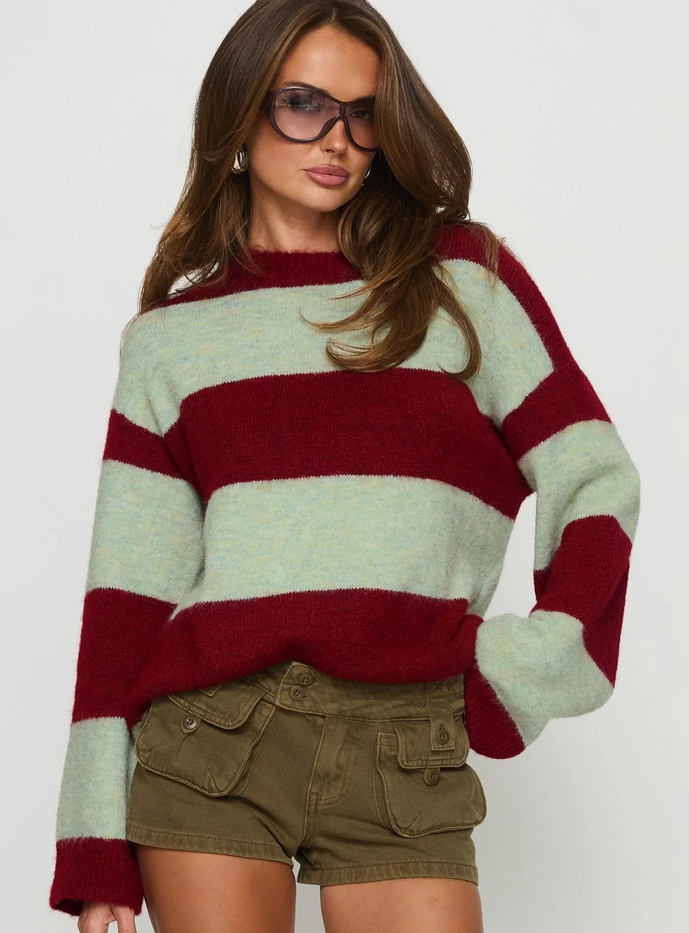 Nesha Fluffy Knit Sweater Red Blue Stripe