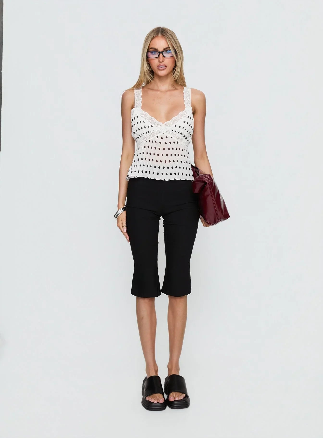 Raydon Lace Trim Cami Top White / Black Polka
