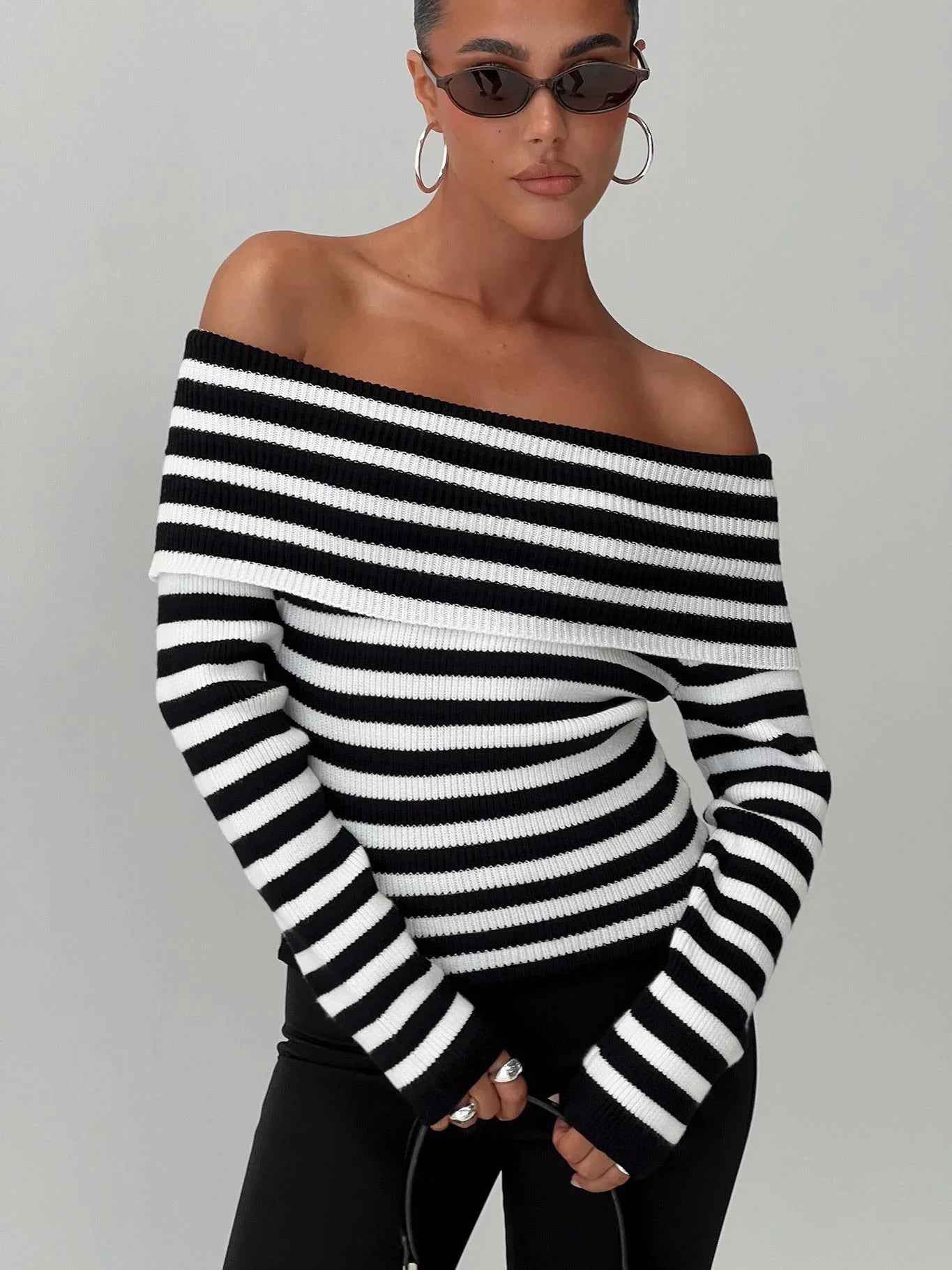 Danyel Off The Shoulder Sweater Black White Stripe