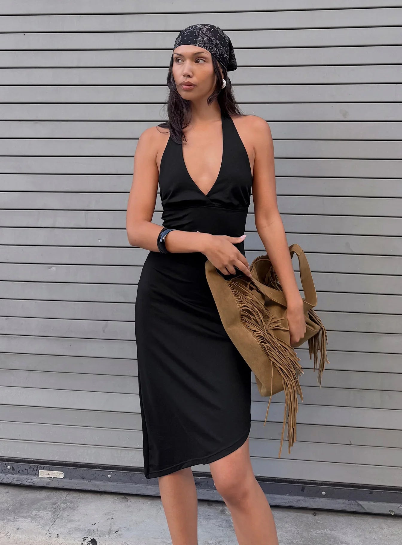 Whimsy Asymmetrical Midi Dress Black