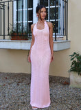 Nalanie Halter Crochet Maxi Dress Pink