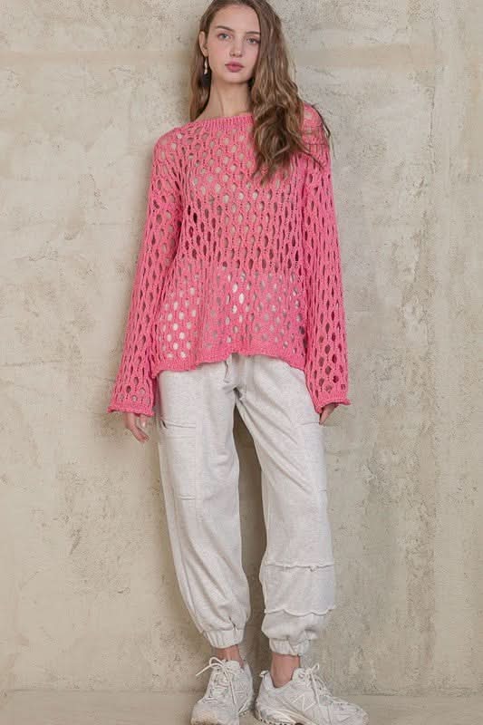 Nadia Pink Sheer Crochet Sweater