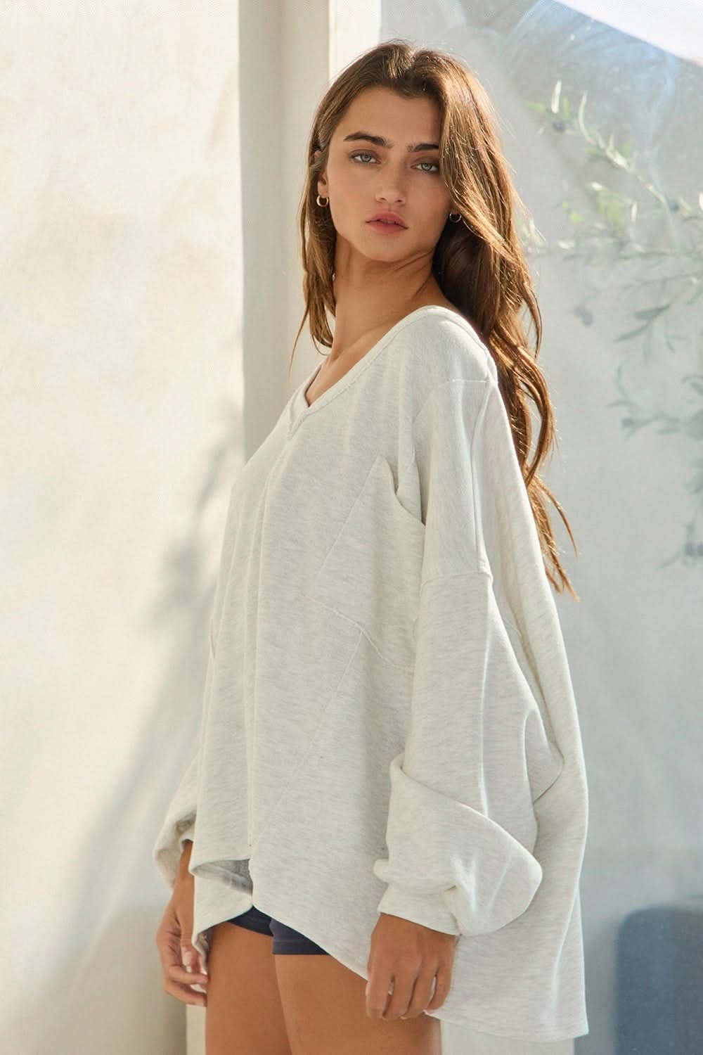 Amber Grey Oversized V Neck Sweatshirt