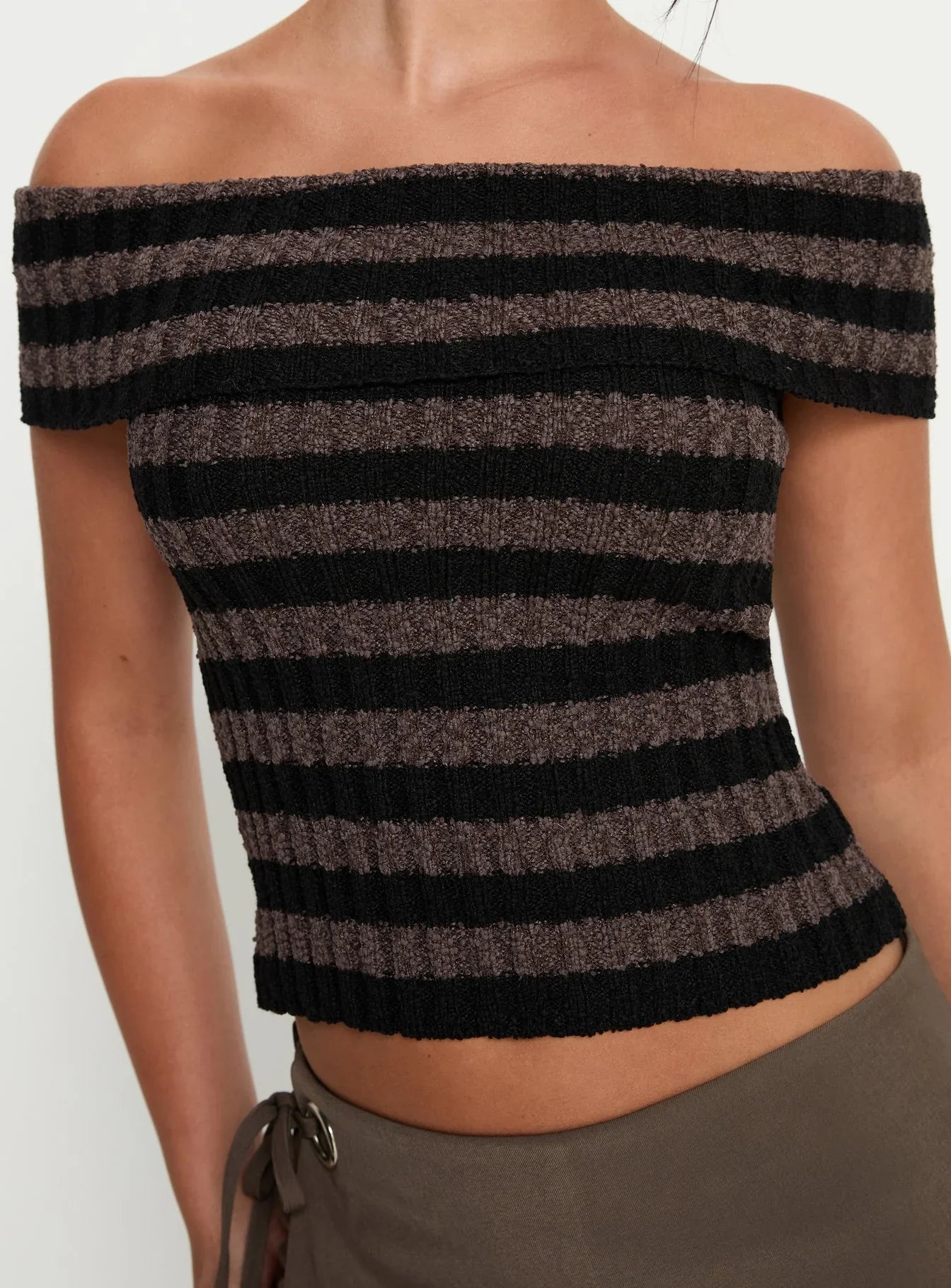 Murmur Off Shoulder Top Brown Black Stripe