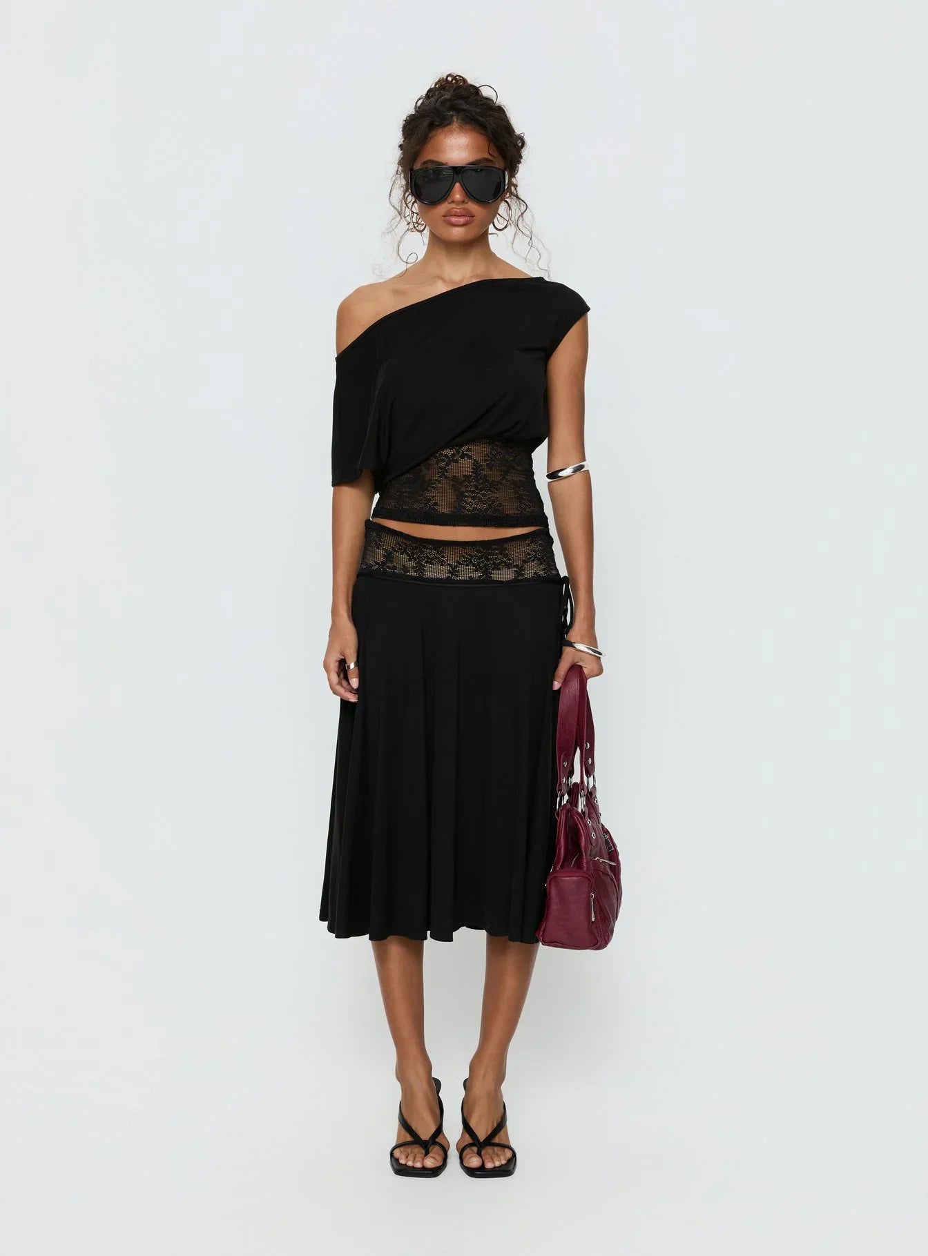 Marienna One Shoulder Lace Top Black