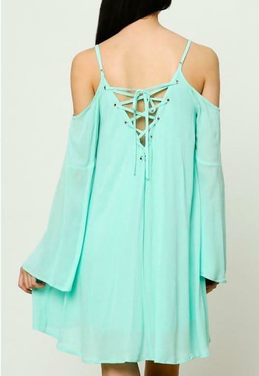 Welcome Back Mint Cold Shoulder Lace Up Dress