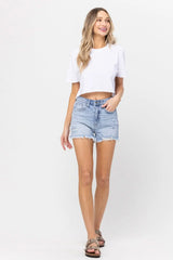 Here You Are Light Wash Distressed Denim Shorts