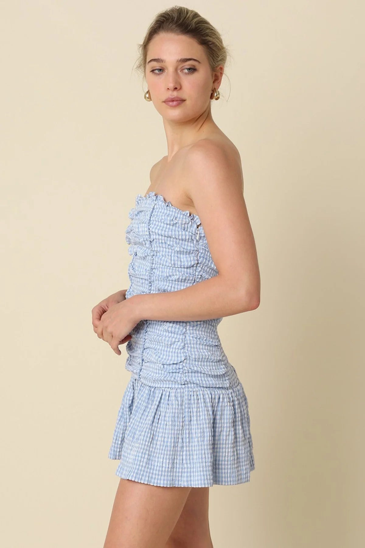 Taryn Blue Gingham Strapless Mini Dress