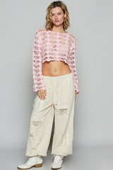 Janine Light Pink Long Sleeve Crochet Crop Top