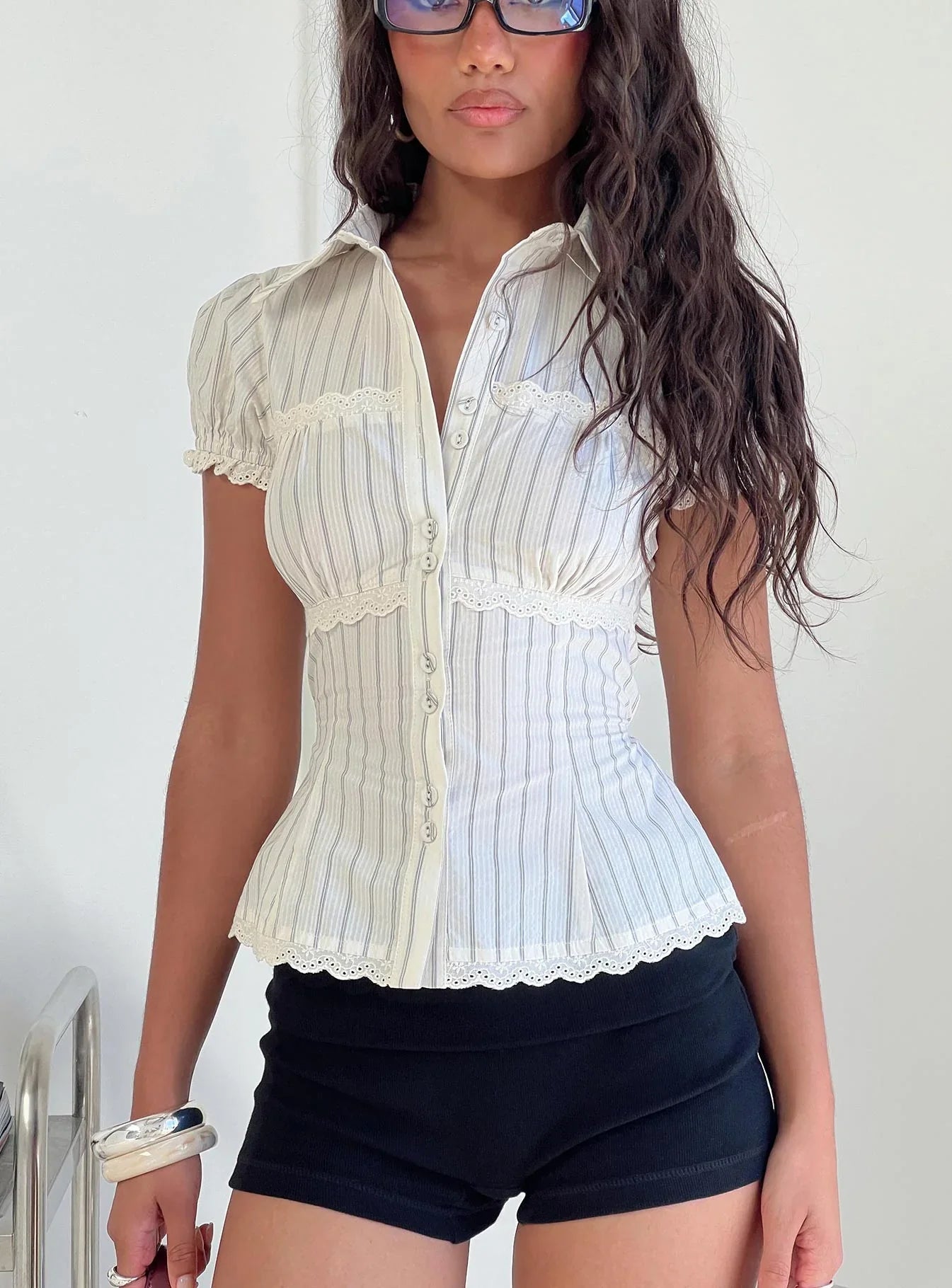 Deserve You Puff Sleeve Button Front Top Cream Stripe