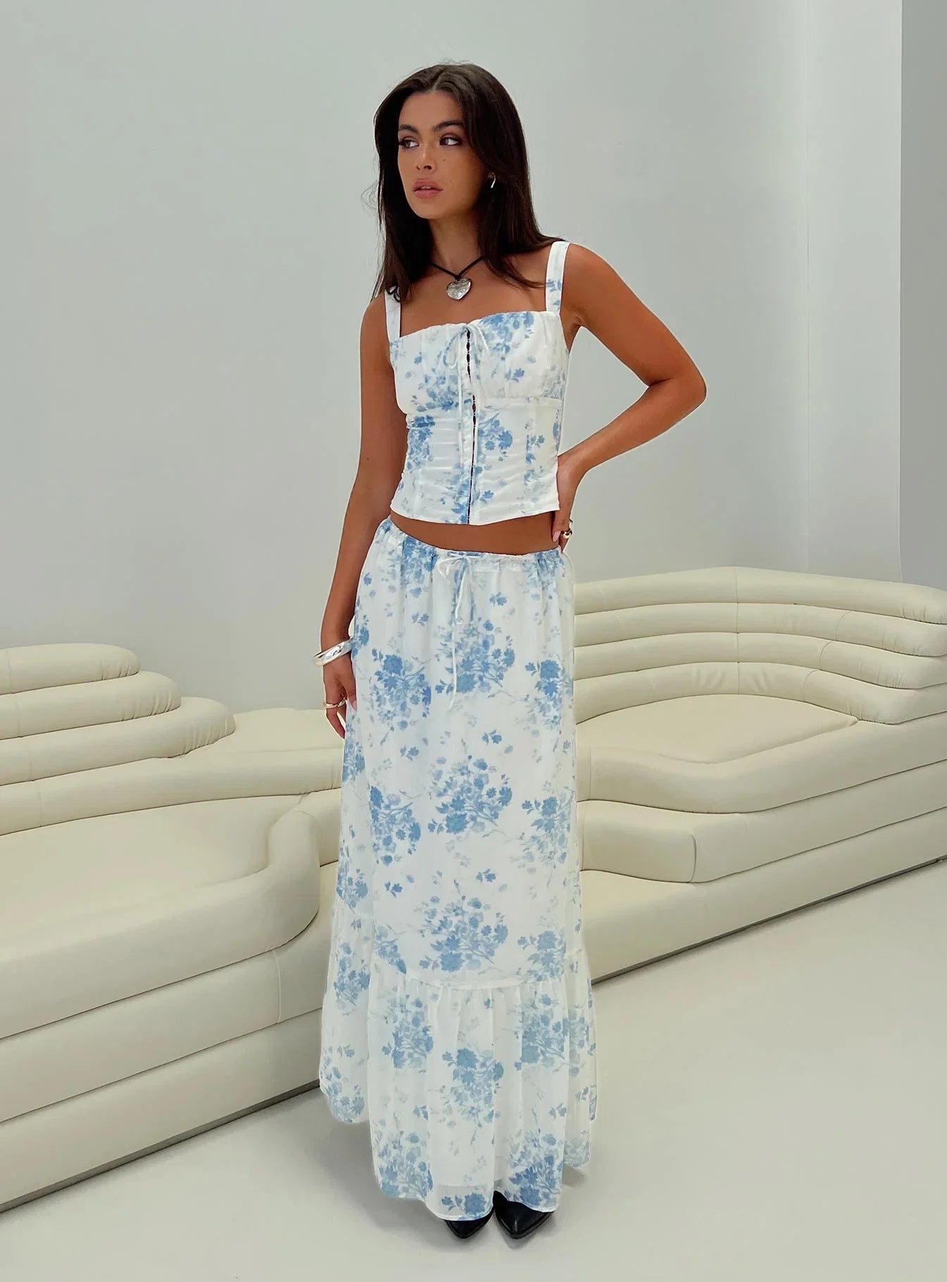 Modern Girl Maxi Skirt White Blue Floral