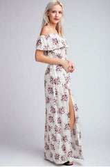 I Adore White Floral Print Off the Shoulder Maxi Dress