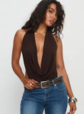 Quinna Plunge Neck Backless Bodysuit Chocolate