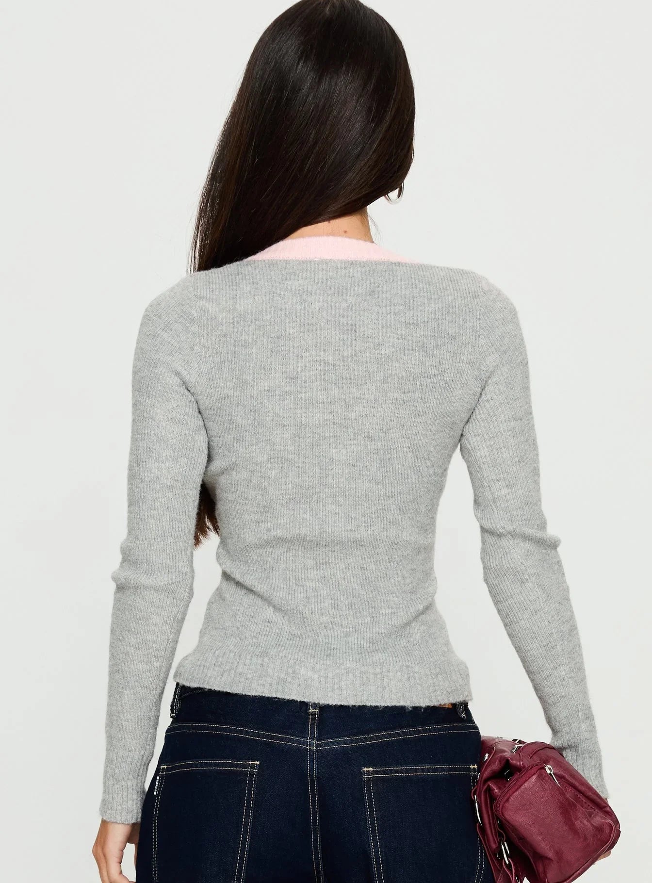 Vanita V Neck Long Sleeve Top Grey Pink