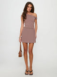 My Fun Off Shoulder Jersey Mini Dress Pink Brown Stripe