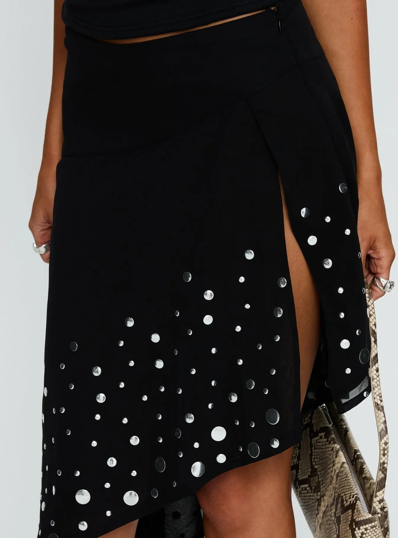 Jezabela Asymmetrical Stud Midi Skirt Black