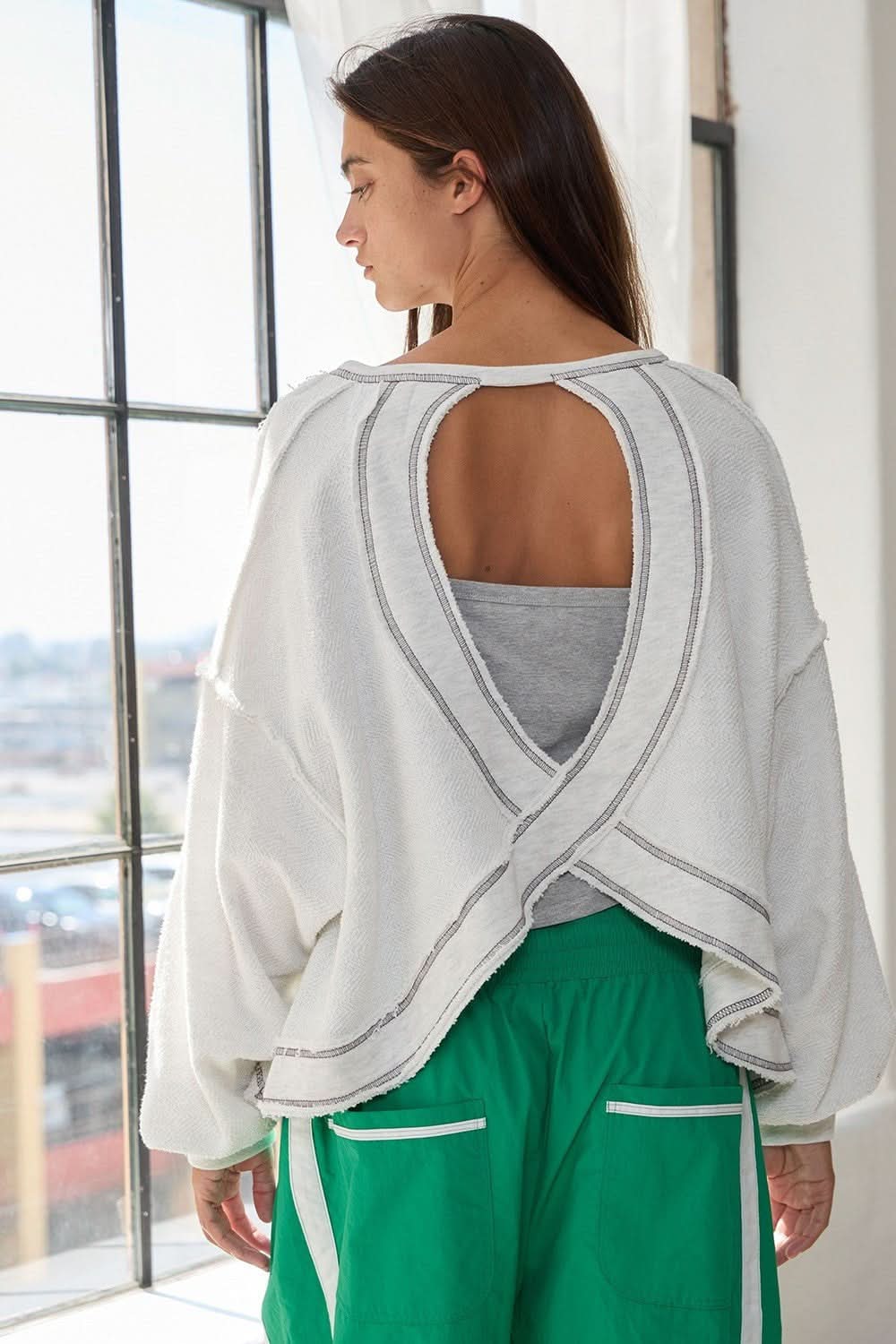 Libby Grey Open Back Long Sleeve Top