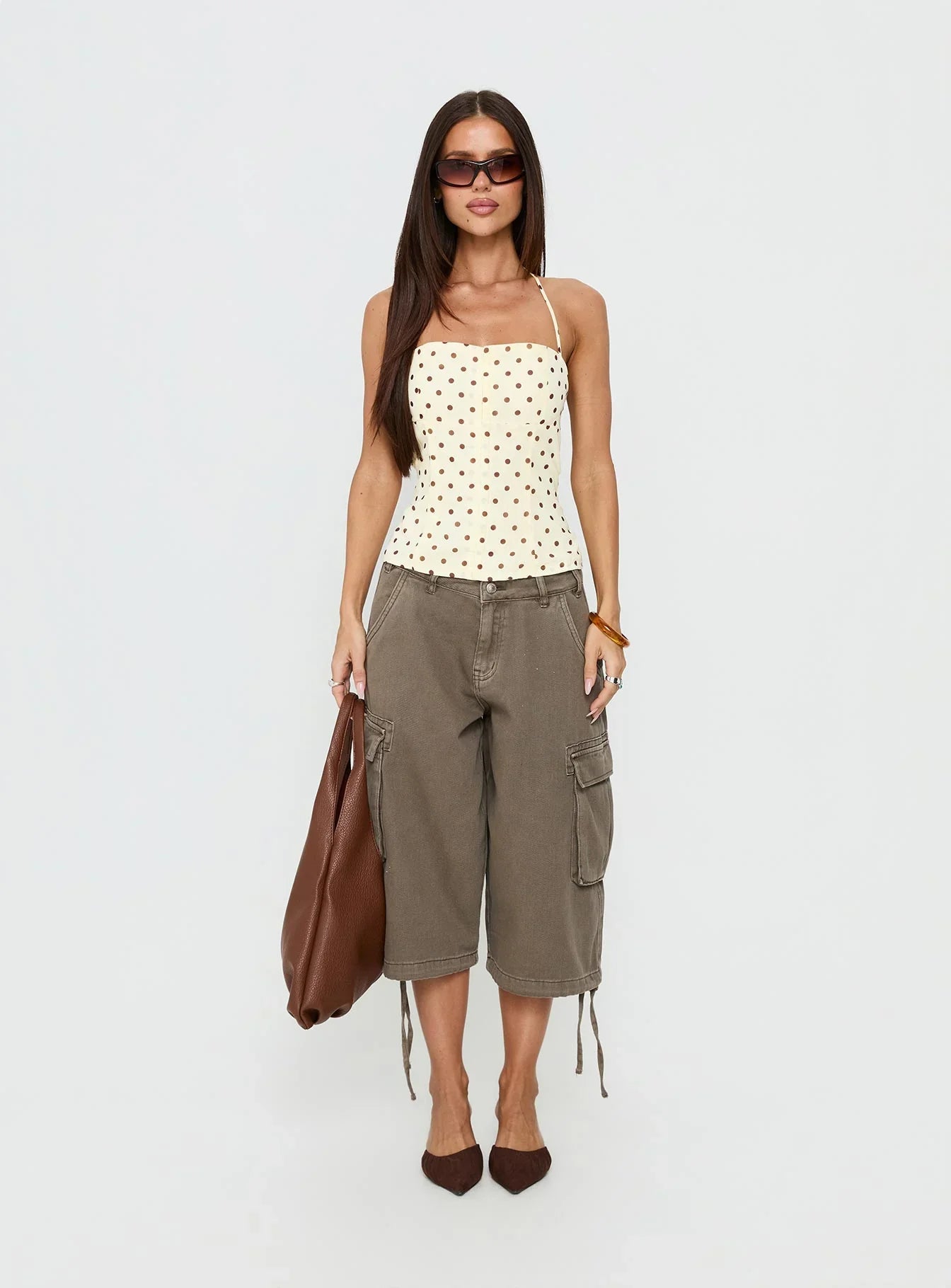 Bon Bon Tie Neck Top Yellow / Brown Polka