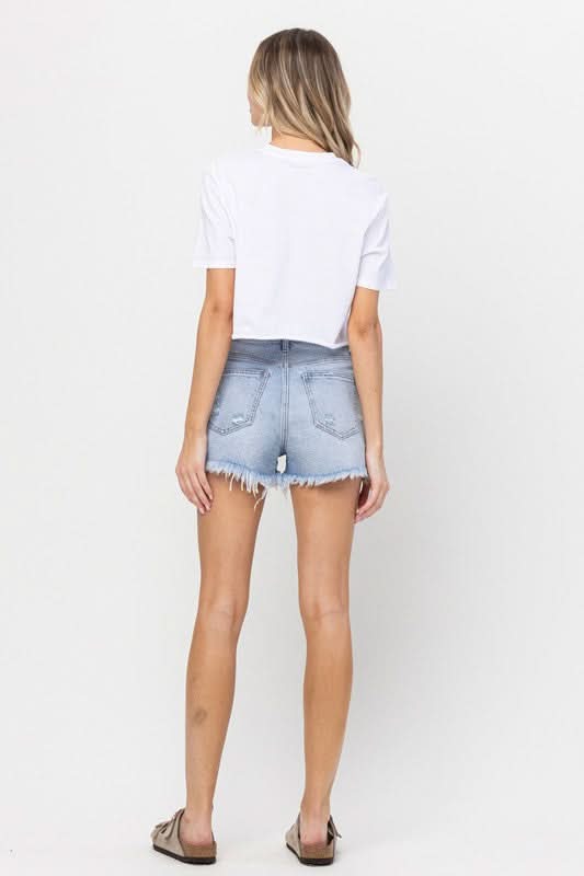 Here You Are Light Wash Distressed Denim Shorts